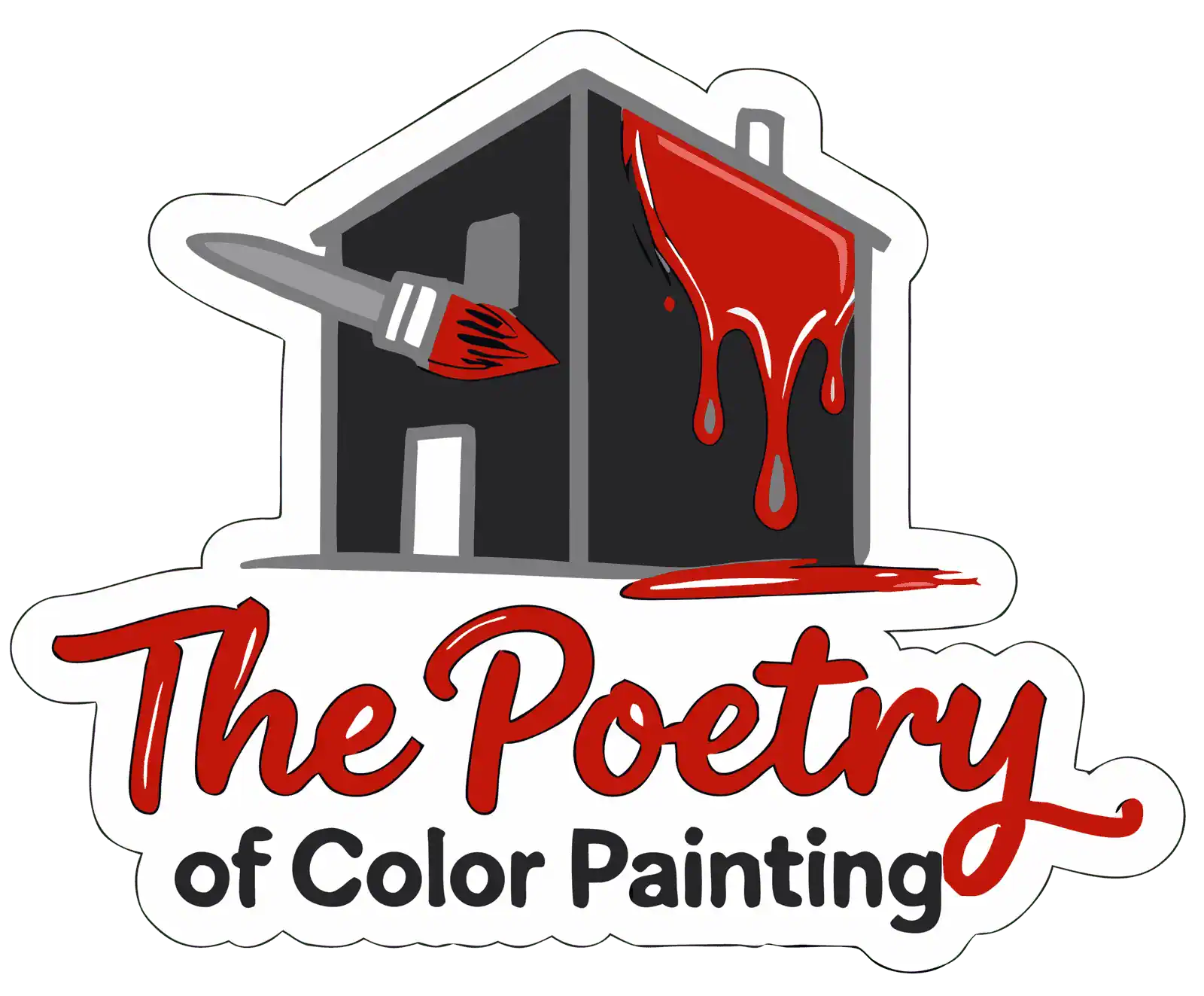 House with red paint dripping, paintbrush, and bold text.